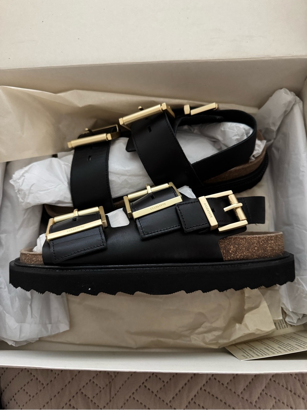 All Saints Black Buckle Leather Platform Sandals - Women's